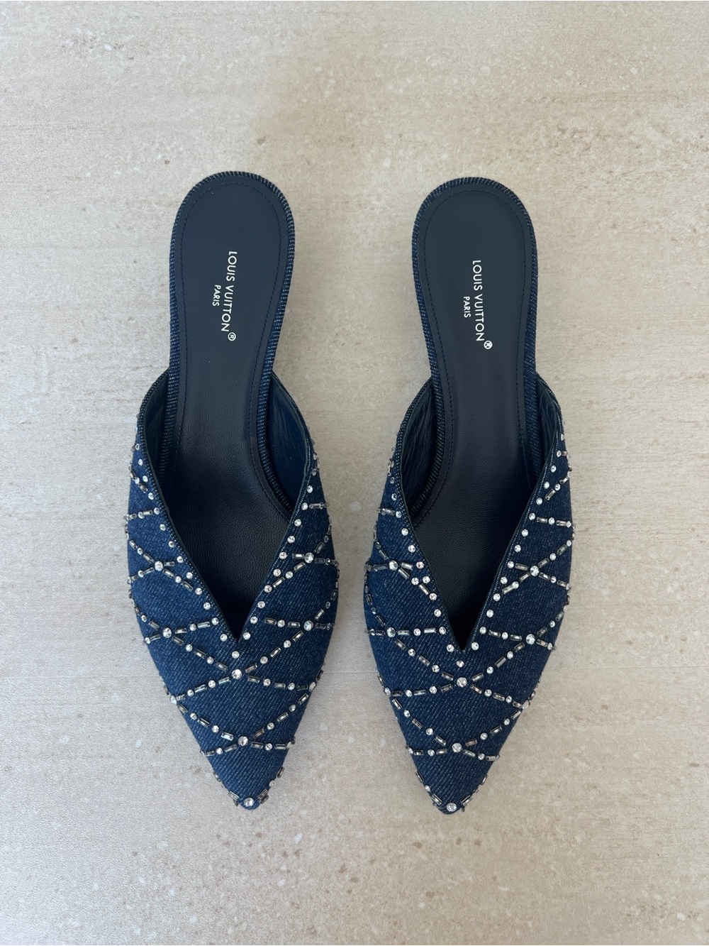Louis Vuitton Dark Blue Denim Crystal-Embellished Pointed Mules